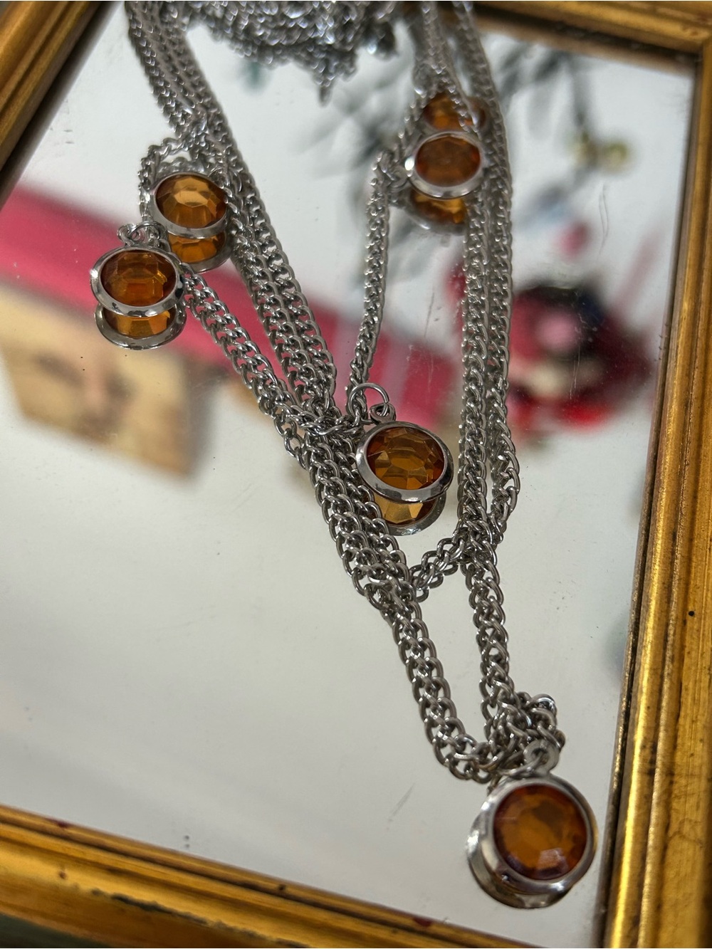 Autumn Silver Necklace w Amber Gemstone Pendants boho 16-18” multi layer chain